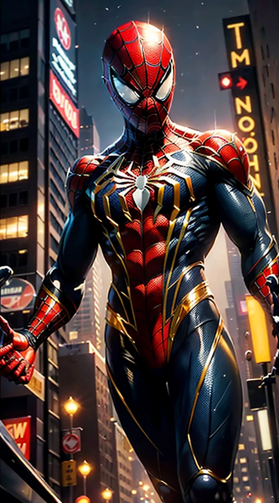 An artistic interpretation of ((male Spider-Man)), (((adorned in a striking black and gold armor designed intricately))), stands heroically amidst the bustling streets of New York City beneath the luminous glow of a full moon. The intricately designed suit shimmers with a glossy black and resplendent gold finish, accentuating the web-slinger's agility and grace. Spider-Man's iconic pose exudes a sense of power and vigilance, as he surveys the city from his vantage point. The New York street comes alive in the night, with vibrant city lights illuminating the urban landscape. The moon shines brightly overhead, casting its ethereal radiance upon the scene. The cityscape is alive with a symphony of colors and reflections, creating a visually captivating atmosphere.The art style draws inspiration from the works of Alex Ross, combining elements of realism and superhero aesthetics. The camera angle is dynamic, capturing Spider-Man's dynamic presence against the backdrop of the city that never sleeps. The render style is a fusion of hyper realism and surrealism, invoking a sense of awe and wonder. The image is conceived in breathtaking 64K UHD resolution, allowing for unparalleled levels of detail and visual richness, (((masterpiece))), (high res), ((super cinematic lighting)), award winning photograph, india style #game and blue color