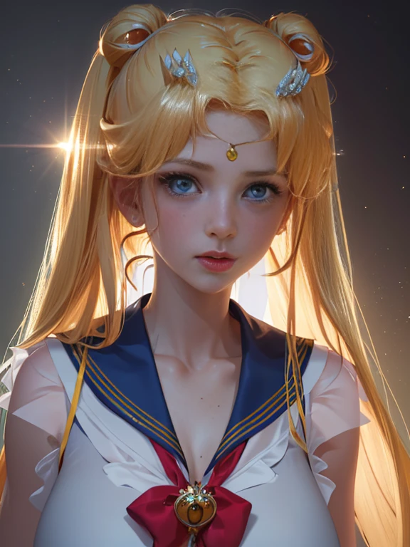 sailor moon at beach wear sailor bikini, blonde hair, large breast, show cleaveage, (forehead ornament), masterpiece, best quality:1.2),(8k,highres,RAW photo,realistic,photo-realistic:1.3),(detailed skin texture,detailed cloth texture,beautiful detailed face:1.25),professional lighting,photon mapping,beautiful soft light,radiosity,physically-based rendering,model shoot style, model shoot style, (extremely detailed CG unity 8k wallpaper), full shot body photo of the most beautiful artwork in the world, complex 3d render ultra detailed, looking at viewer, 18 yo, real human skin, vibrant details, hyperrealistic, beautiful, octane render, an extremely delicate and beautiful, extremely detailed ,CG ,unity ,wallpaper,Amazing, finely detail,official art,extreme detailed eyes, (perfect face), shiny skin, colorful, highest detailed, vibrant colors, ultra high res, (high contrast), intricate, lens flare, hard nipple