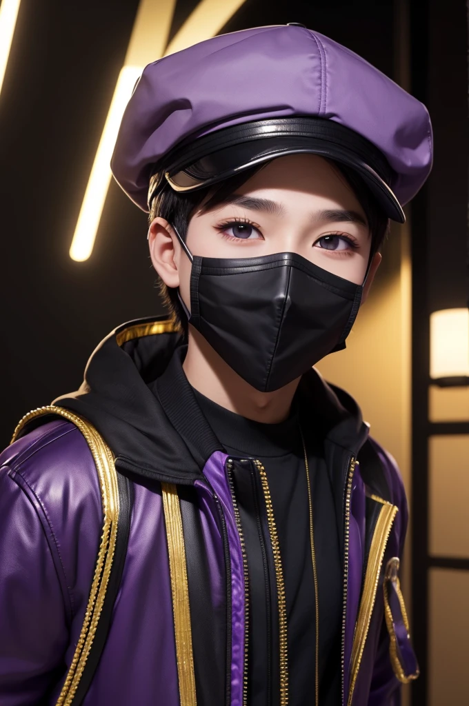 a boy with a black cap and black and gold mask with a purple jacket and purple eyes