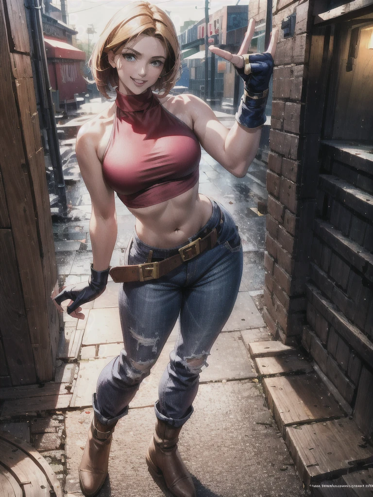 30 year old woman, alone, athletic, by the semi-cut ruby, she is wearing a tight red crop top, he wears blue jogger pants, has two belts, one small and the other a large belt hanging from his brown waist., wears blue fingerless gloves , he wears brown boots, smile at the viewer, points at the viewer, There is a little brown dog with white spots with her, high resolution, absurd, intricate, sharp focus, a New York alley in the background, Best Quality, Masterpiece, high resolution, Perfect picture, Very detailed, High contrast, Digital colors, simple, medium shot, cinematographic, ultra sharp focus, award-winning photography, perFect contrast, high sharpness, depth of field, ultra detailed photography, global illumination, fluid, ultra high definition, 8k, unreal engine 5, ultra-sharp focus, award-winning photography, Art Season Trends,
