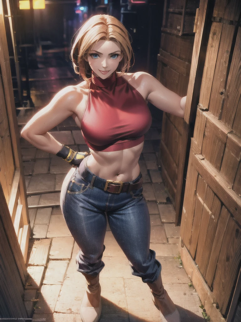 30 year old woman, alone, athletic, by the semi-cut ruby, she is wearing a tight red crop top, he wears blue jogger pants, has two belts, one small and the other a large belt hanging from his brown waist., wears blue fingerless gloves , he wears brown boots, smile at the viewer, points at the viewer, There is a little brown dog with white spots with her, high resolution, absurd, intricate, sharp focus, a New York alley in the background, Best Quality, Masterpiece, high resolution, Perfect picture, Very detailed, High contrast, Digital colors, simple, medium shot, cinematographic, ultra sharp focus, award-winning photography, perFect contrast, high sharpness, depth of field, ultra detailed photography, global illumination, fluid, ultra high definition, 8k, unreal engine 5, ultra-sharp focus, award-winning photography, Art Season Trends,
