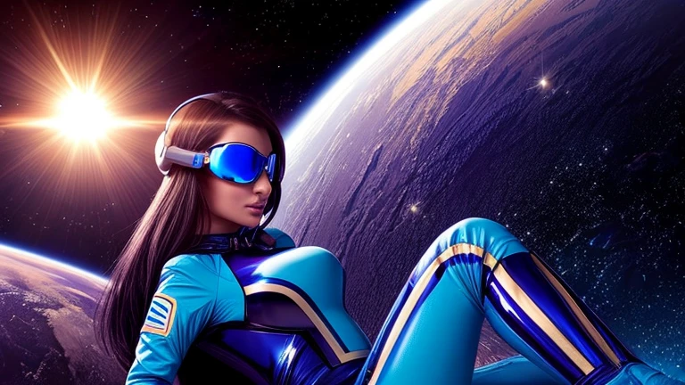 high contrast illustration, shades of blue colors, back point a view, a beautiful european woman, looking at the viewer with suspicious face and a shy smile, she wears shyne metalic space suit, hands in the waist, dramatic vivid lights, in deep space with a planet and sun