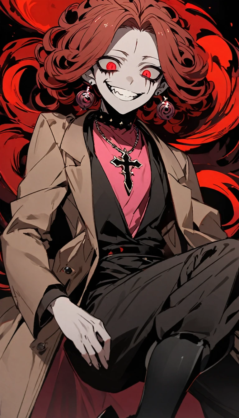 a man with light brown skin with curly red hair, he wears a pink shirt with a brown coat and a necklace with an inverted cross attached to it as a pendant, he has red eyes with distorted pupils and a three-pointed scar in the middle of his head. forehead, he wears red pebble earrings, he wears black dress pants and mid-calf boots with high heels, he has a horrifying smile with several crooked teeth, he stares at you in an extremely frightening way, he is handsome with a elegant yet extremely hideous and strange way.