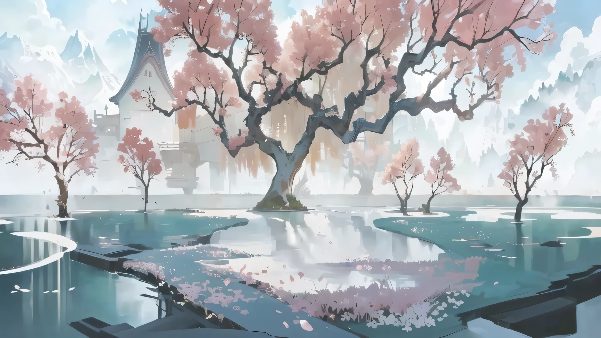 There is a painting，There is a castle in the painting，There are ponds and trees inside, anime background technology, Anime Landscape Concept Art, A beautiful artistic illustration, background technology, Ross Chen. Landscape background, Anime Landscape, environment design illustration, Landscape Game Concept Art, background technologywork, Tranquility illustration, Zen temple background, Cherry Blossom Forest, Landscape Artwork, interior background technology, flowing sakura-colored silk