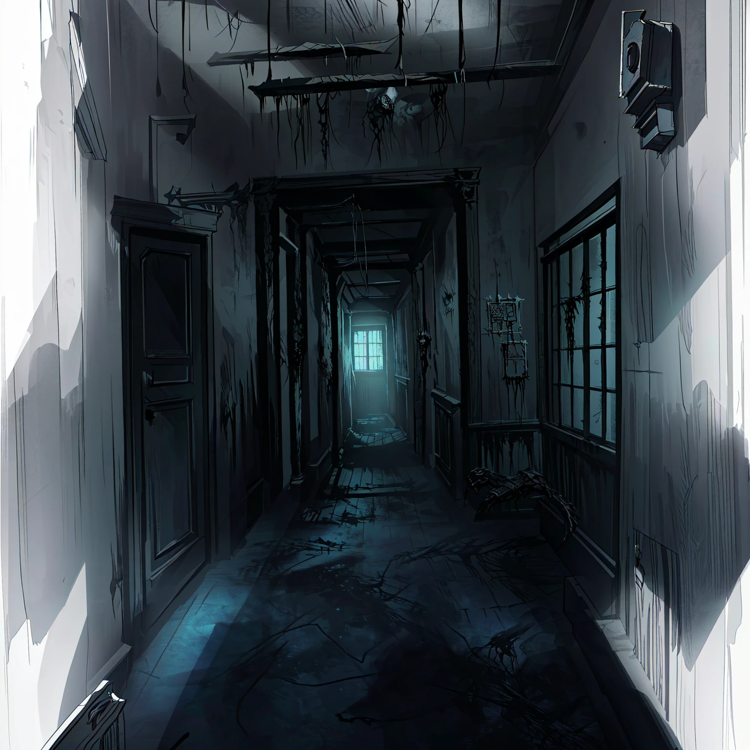 There is a photo of the hallway，Light comes in from the window, Prison Background, Silent Hill concept art, Creepy liminal space, Horror Concept Art, dark hallways, Interior Background Art, Weird nostalgic concept art, dark hallway, Dark Concept Art, long dark hallway, The terrifying empty limbo, Horror environment, creepy backgrounds, dark hallway