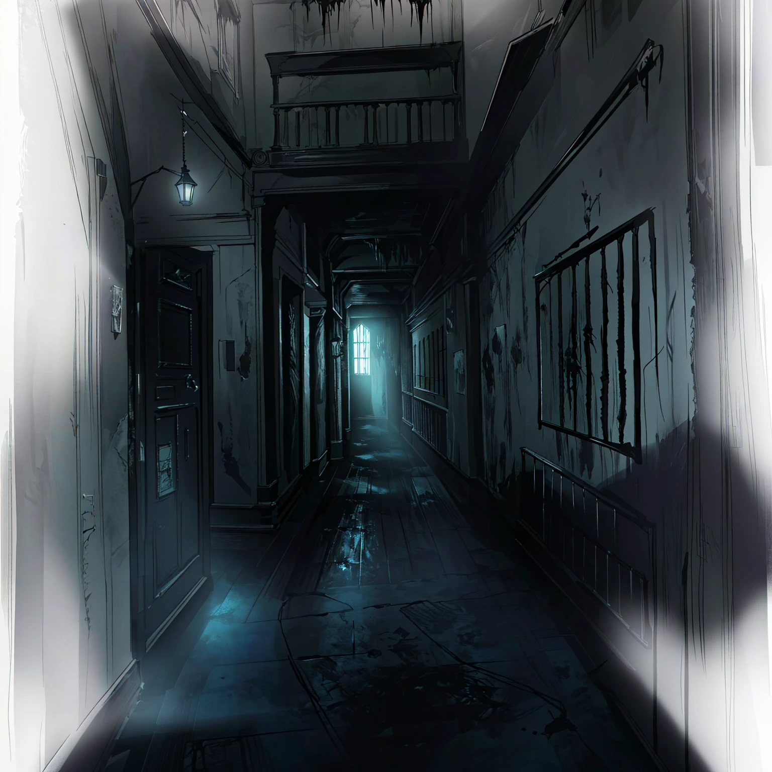 There is a photo of the hallway，Light comes in from the window, Prison Background, Silent Hill concept art, Creepy liminal space, Horror Concept Art, dark hallways, Interior Background Art, Weird nostalgic concept art, dark hallway, Dark Concept Art, long dark hallway, The terrifying empty limbo, Horror environment, creepy backgrounds, dark hallway