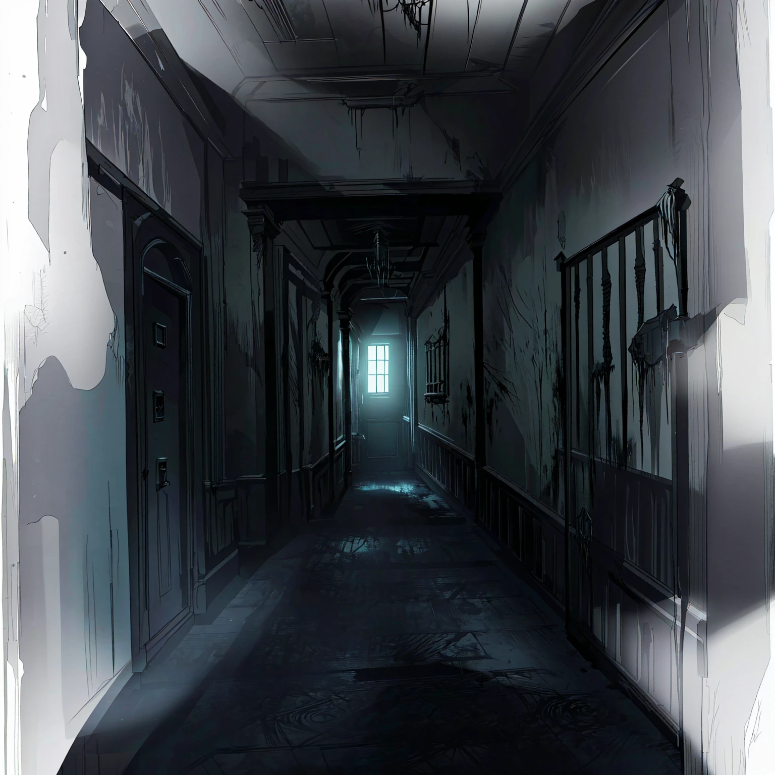 There is a photo of the hallway，Light comes in from the window, Prison Background, Silent Hill concept art, Creepy liminal space, Horror Concept Art, dark hallways, Interior Background Art, Weird nostalgic concept art, dark hallway, Dark Concept Art, long dark hallway, The terrifying empty limbo, Horror environment, creepy backgrounds, dark hallway