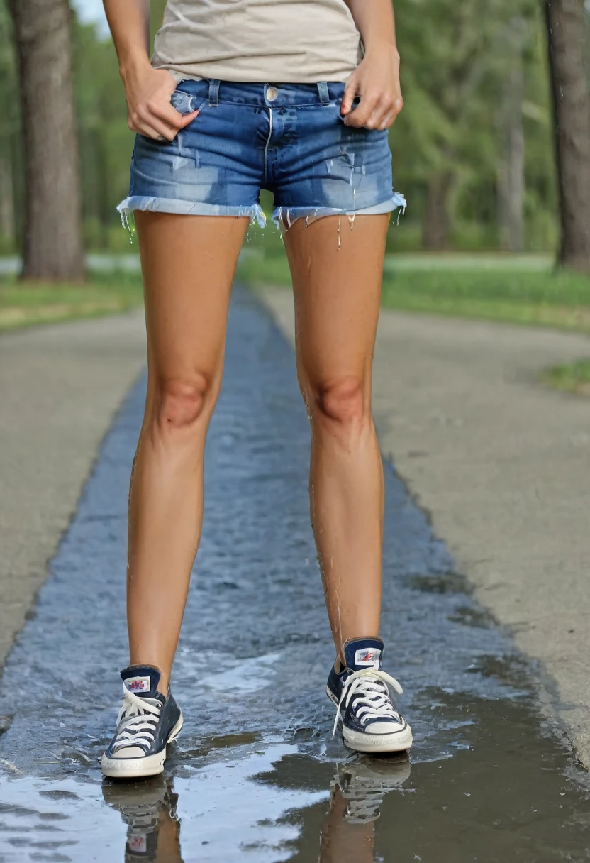 blonde woman, daisy duke denim shorts, converse chuck sneakers, tank top, peeing shorts, pee runs down legs into sneakers, pee puddles around sneakers, pee stains are gleaming wet