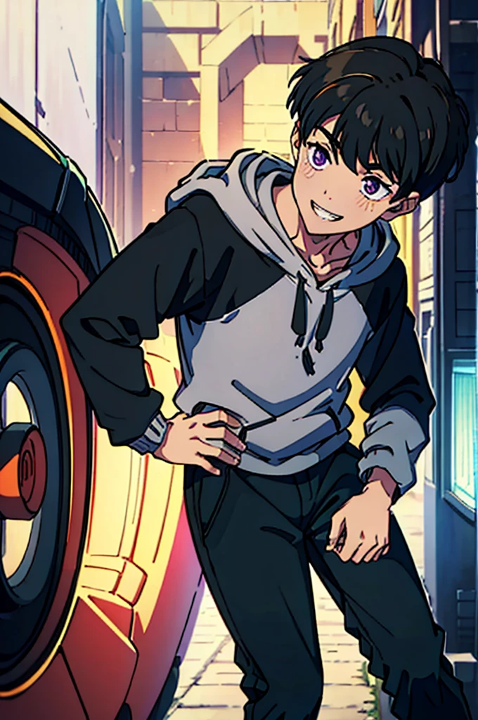 8k, original, (((1boy, solo))), teenager, illustration, mix, (single object), hd, absurdres, lora ((mappa studio style)), anime style, 2d, celshade style, digital art, (short hair), (((undercut hairstyle))), side-trimmed hair, (blonde hair), ((dark purple short sleeves hoodie)), (((with (sweater), ((long sleeves)), black sleeves))), black long pants, red sneakers, wide smile, teeth, suburban, both hands on hip, low angle, mid day