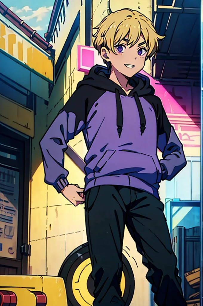 8k, original, (((1boy, solo))), ager, illustration, mix, (single object), hd, absurdres, lora ((mappa studio style)), anime style, 2d, celshade style, digital art, (short hair), (((undercut hairstyle))), side-trimmed hair, (blonde hair), ((dark purple short sleeves hoodie)), (((with (sweater), ((long sleeves)), black sleeves))), black long pants, red sneakers, wide smile, teeth, suburban, both hands on hip, low angle, mid day