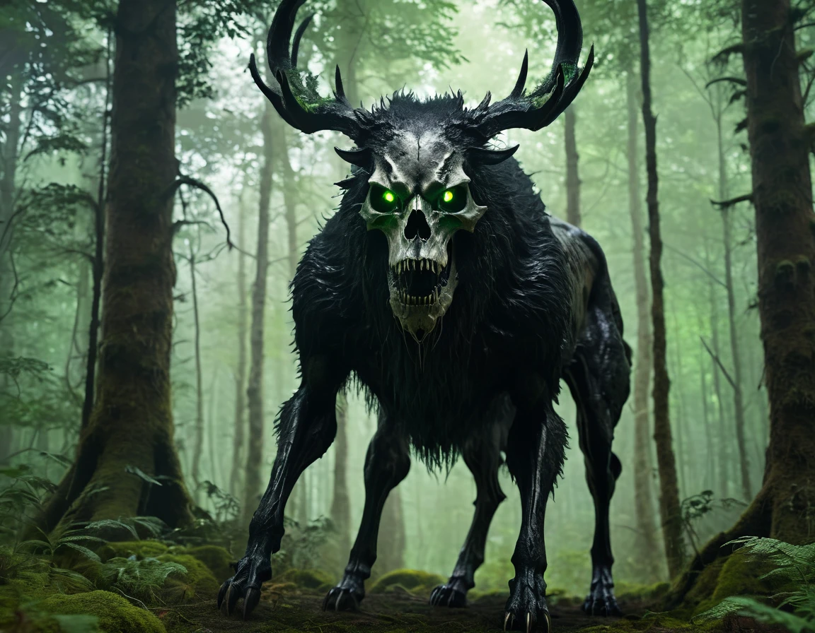 full body portrait of scary black beast, very tall, four legged, scary skull head, bone, skull face, [deer | tiger | wolf | wendigo | bear], hybrid beast with beryl green eyes dark mysterious forest scenery, fantasy, dark fantasy, full body, cinematic, render, 8k, unreal engine, realistic, masterpiece, high detail, full body, low life, volumetric lighting 