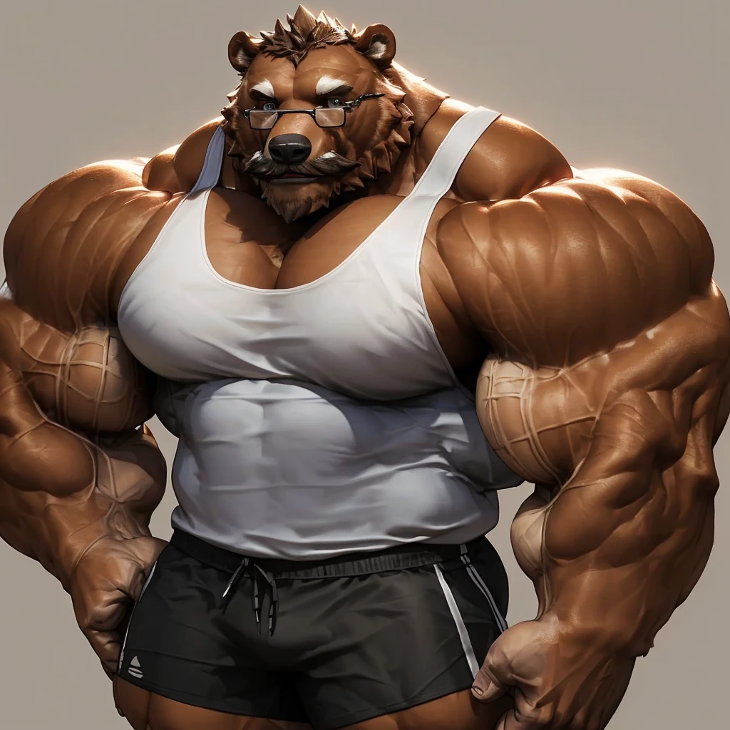 muscular old grizzly bear, detailed, wearing tank top and shorts, glasses, really big mustache, huge brown ,really big muscle, bigger muscle, very big muscular, over sized muscle, biggest muscle, big pec muscular, biggest pec muscle, detailed muscle, realistic rendering, CG realistic, 3d realistic, photography, background,