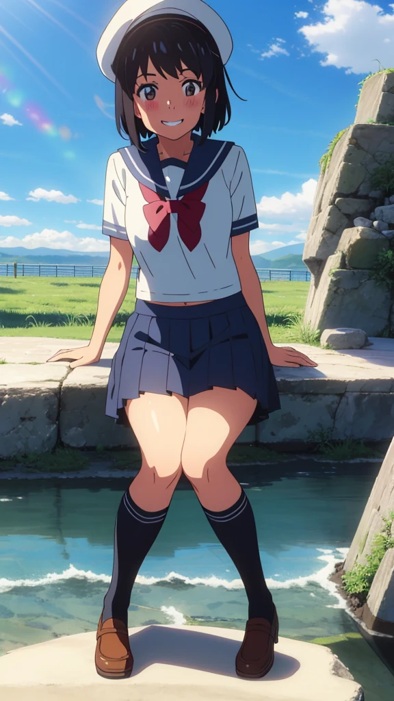 shinkai makoto, kimi no na wa., 1girl, bangs, black hair, blush, expressive eyes, brown eyes, perfect face, looking at the viewer, sailor uniform, sailor's hat, exposed navel, white shirt, short sleeves, blue skirt, short hair, solo, outdoors, shinny skin, smile, cute, grin, cloudy, blue sky, mountains, rocks, sitting, (masterpiece), best quality