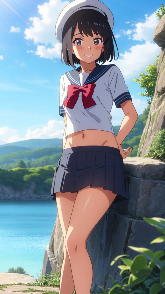 shinkai makoto, kimi no na wa., 1girl, bangs, black hair, blush, expressive eyes, brown eyes, perfect face, looking at the viewer, sailor uniform, sailor's hat, exposed navel, white shirt, short sleeves, blue skirt, short hair, solo, outdoors, shinny skin, smile, cute, grin, cloudy, blue sky, mountains, rocks, sitting, (masterpiece), best quality