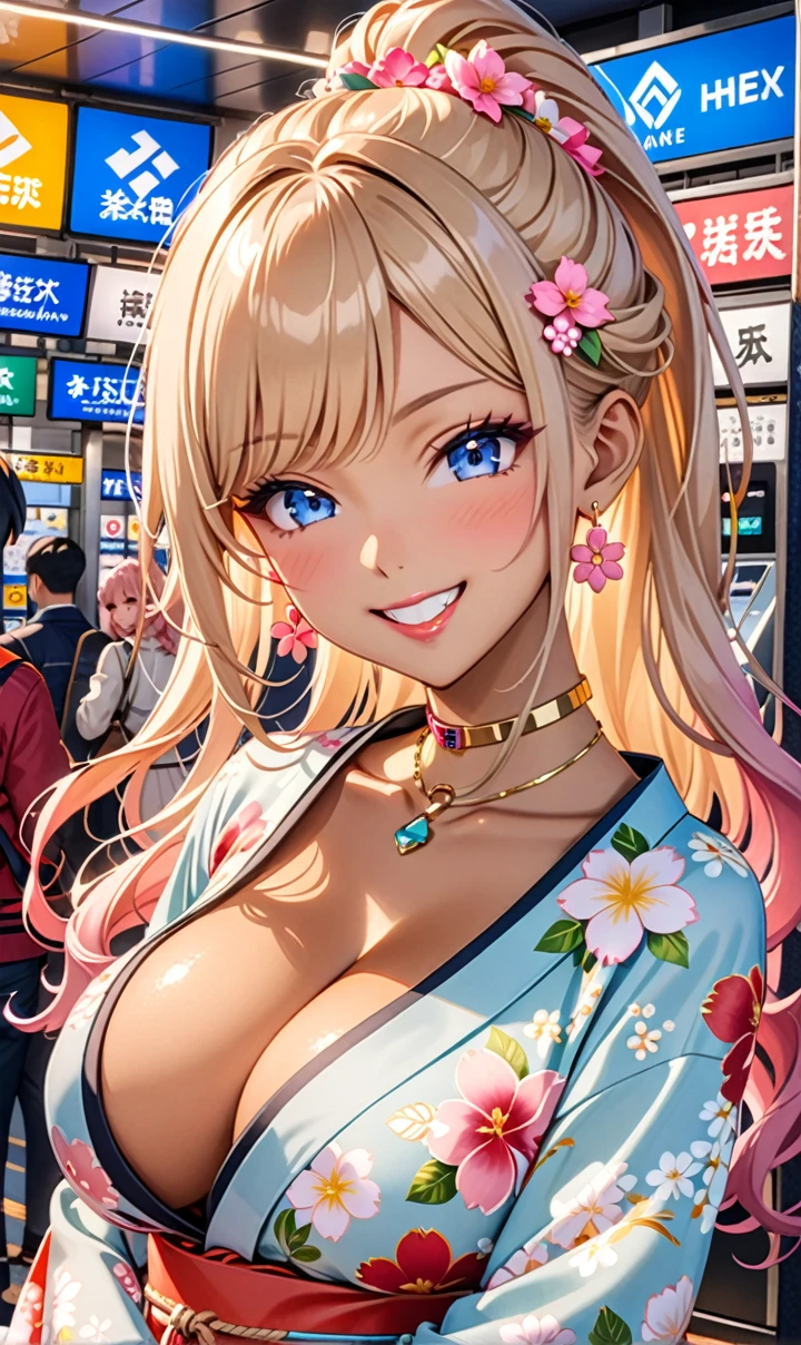 ultra-detailed, ((one girl)), (tan skin:1.6), in pastel colors gyaru, (heavy makeup), (professional lighting) hyper detailed, absurdres, 8K, Beautiful Face, (Laugh shyly), ((teasing smile:1.8)), ((Wink:1.7)), (Laugh with your mouth wide open),((Tilt your face:1.6)), View your viewers, ((Bright red cheeks:1.6)),Glossy Red Lips, ((Big Breasts:1.5)), ((undressing:1.2)), noon, Station ticket gates , ((Anime style background)),masterpiece, Highest quality, so beautiful,Latest, Complex details, ((Neon pink long nails)), (nail art), (ring),(bracelet), (Floral Choker),AI-generated, Complex,High resolution, Highest quality, super high quality,3D Images、3D Images,One person,Blonde long hair,(High Ponytail), (wavy hair:1.3), Blonde anime woman posing for a photo, ((Fine grain、blue eyes、glowing eyes:1.4)), (Squint your eyes:1.1),a hyperRealistic , hyperRealistic , Realistic,Anime woman with long pastel yellow hair, Smooth anime CG art, A girl in a gorgeous pastel-colored kimono, ((Pastel-colored furisode)),(Pink large floral pattern), Long flower hair ornament,Floral Earrings,Mature Body, tall,Narrow waist, ((from side))