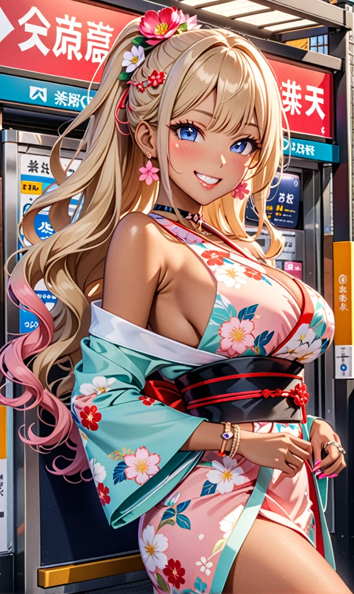 ultra-detailed, ((one girl)), (tan skin:1.6), in pastel colors gyaru, (heavy makeup), (professional lighting) hyper detailed, absurdres, 8K, Beautiful Face, (Laugh shyly), ((teasing smile:1.8)), ((Wink:1.7)), (Laugh with your mouth wide open),((Tilt your face:1.6)), View your viewers, ((Bright red cheeks:1.6)),Glossy Red Lips, ((Big Breasts:1.5)),  ((undressing:1.2)), noon, Station ticket gates , ((Anime style background)),masterpiece, Highest quality, so beautiful,Latest, Complex details, ((Neon pink long nails)), (nail art), (ring),(bracelet), (Floral Choker),AI-generated, Complex,High resolution, Highest quality, super high quality,3D Images、3D Images,One person,Blonde long hair,(High Ponytail), (wavy hair:1.3), Blonde anime woman posing for a photo, ((Fine grain、blue eyes、glowing eyes:1.4)), (Squint your eyes:1.1),a hyperRealistic , hyperRealistic , Realistic,Anime woman with long pastel yellow hair, Smooth anime CG art, A girl in a gorgeous pastel-colored kimono, ((Pastel-colored furisode)),(Pink large floral pattern), Long flower hair ornament,Floral Earrings,Mature Body, tall,Narrow waist, ((from side))