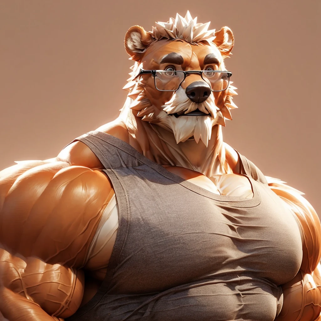 muscular old grizzly bear, detailed, wearing tank top and shorts, glasses, really big mustache, huge brown ,really big muscle, bigger muscle, very big muscular, over sized muscle, biggest muscle, big pec muscular, biggest pec muscle, detailed muscle, realistic rendering, CG realistic, 3d realistic, photography, background,