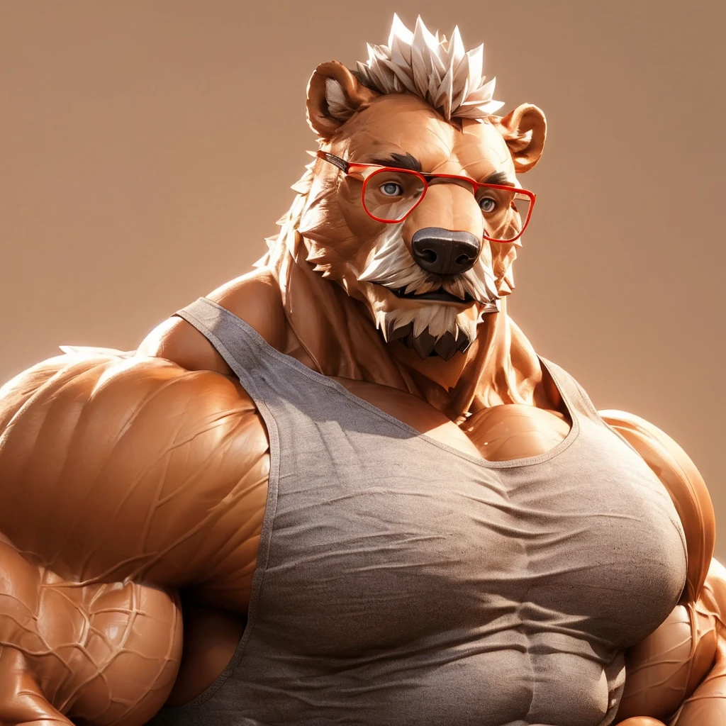 muscular old grizzly bear, detailed, wearing tank top and shorts, glasses, really big mustache, huge brown ,really big muscle, bigger muscle, very big muscular, over sized muscle, biggest muscle, big pec muscular, biggest pec muscle, detailed muscle, realistic rendering, CG realistic, 3d realistic, photography, background,