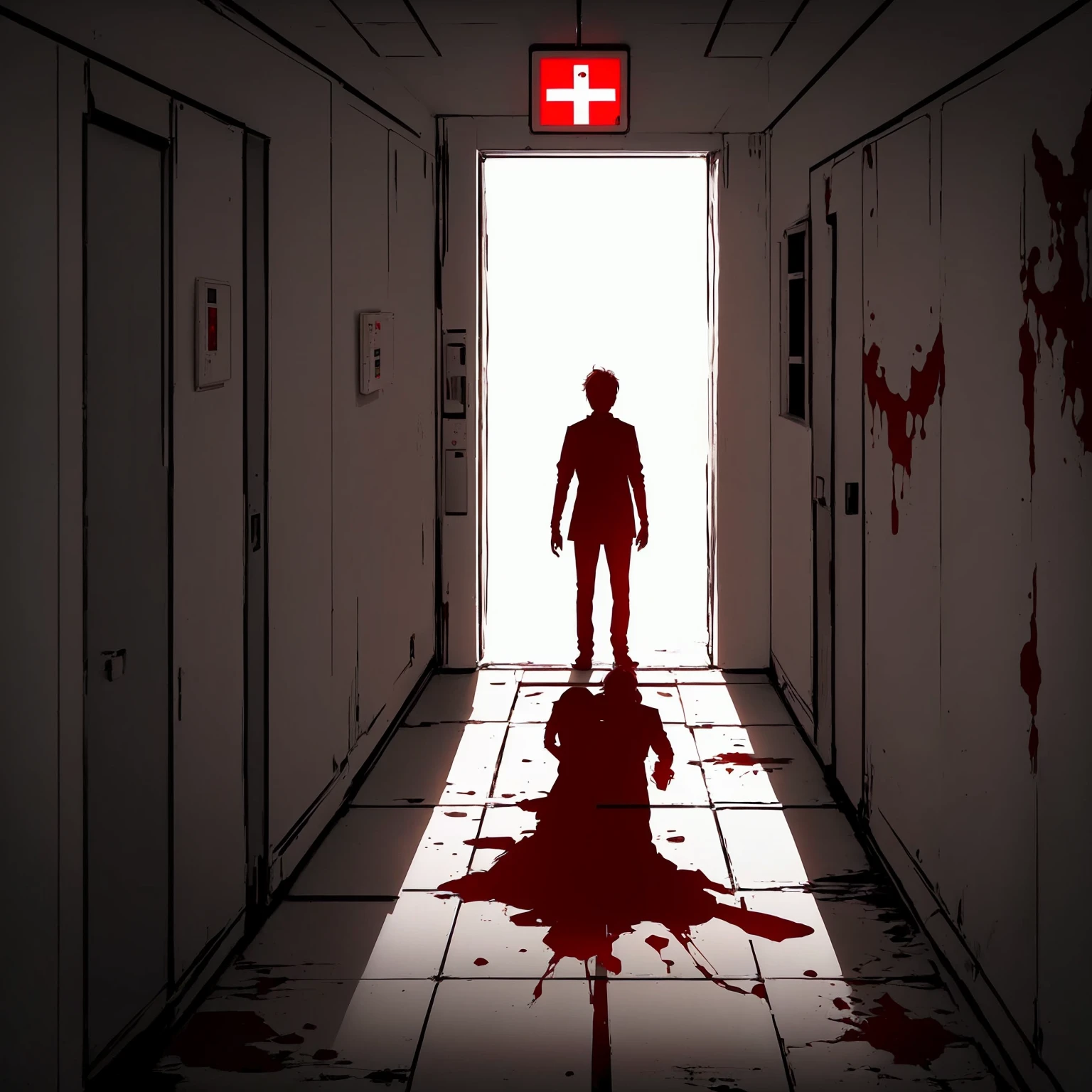 there&#39;s a man standing in a hallway, standing in front of the door, tenebrosa + conceptual artwork, independent videogame horror, dark high-contrast conceptual artwork, [ horror game ], horror game graphics