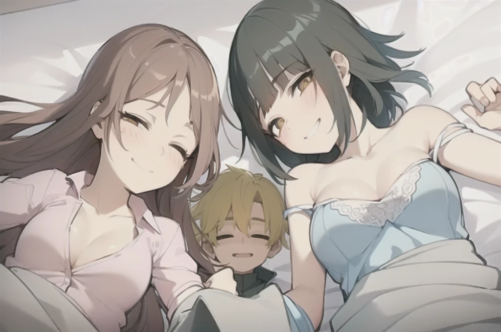 two sexy women in bed who are wife of 4 years old boy looking at camera, seductive smiles, portrait, various hair, view from above