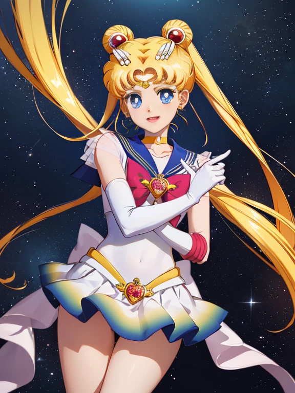 Masterpiece, The best quality, nothing, Manager 1, 1 girl, only, Uniforme Sailor Senshi, Sailor Moon, Usagi Tsukino, rubio, Magical Girl, blue eyes, white panties, red neckerchief, elbow gloves, tiara, blue skirt, pleated skirt, mini skirt, choker, white gloves, jewely, earrings, They are smiling, The background is space (excellent detail, Excellent lighting, wide angle), skirt lift, show panties, ((showing open legs)), no pants