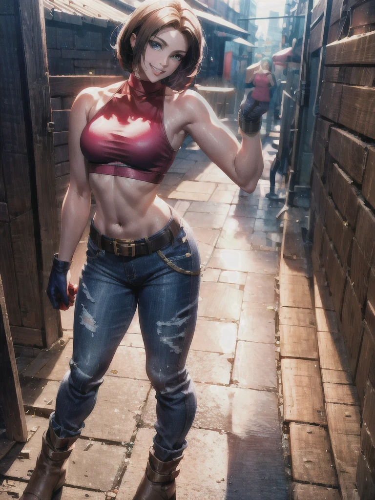 30 year old woman, alone, athletic, by the semi-cut ruby, she is wearing a tight red crop top, he wears blue jogger pants, has two belts, one small and the other a large belt hanging from his brown waist., wears blue fingerless gloves , he wears brown boots, smile at the viewer, points at the viewer, There is a little brown dog with white spots with her, high resolution, absurd, intricate, sharp focus, a New York alley in the background, Best Quality, Masterpiece, high resolution, Perfect picture, Very detailed, High contrast, Digital colors, simple, medium shot, cinematographic, ultra sharp focus, award-winning photography, perFect contrast, high sharpness, depth of field, ultra detailed photography, global illumination, fluid, ultra high definition, 8k, unreal engine 5, ultra-sharp focus, award-winning photography, Art Season Trends,