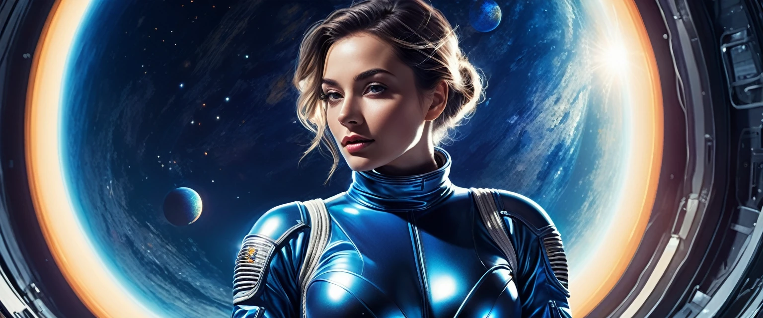high contrast illustration, shades of blue colors, back point a view, a beautiful european woman, looking at the viewer with suspicious face and a shy smile, she wears shyne metalic space suit, hands in the waist, dramatic vivid lights, in deep space with a planet and sun