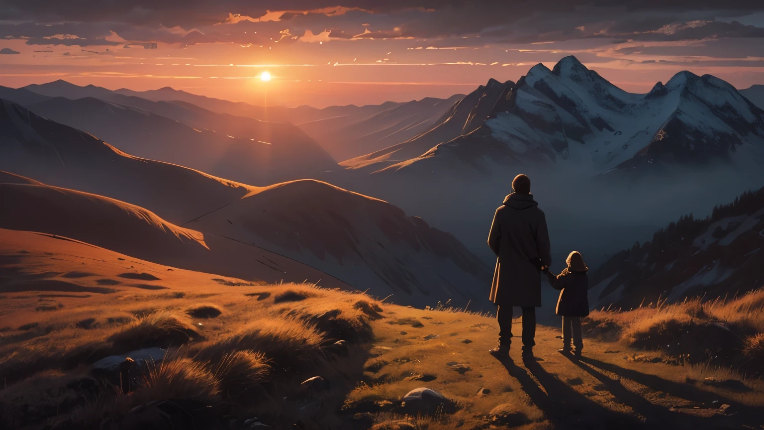 Painting a father carrying his young  standing on a mountain overlooking the valley, inspired by Jakub Schikaneder, Twilight ; Digital painting, Inspired by RHADS, Twilight ; digital oil painting, inspired by Alena Aenami, matte digital painting, Desolate. Digital illustration, Artistic. Alena Ainami, art by Alena Aenami, Beautiful backs on the horizon, A profound sense of space、sunset illustration