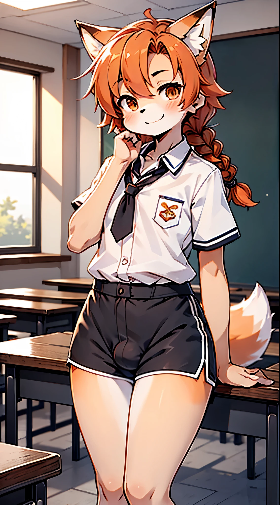 Japanese style high school shirt，cute男孩子，furry，furry，hairy，furry，hairy，furry，Body hair，Hair covers the whole body，Gentle smile，shota，Anthropomorphic Fox，Fox Boy，小braid，braid，Youthful feeling，Close-up above the waist，Hip bulge，Bulge between the thighs，Hip bulge，cute，Orange hair，Orange hair all over body，全身Orange hair，Japanese school uniform shirt，shorts，shorts，Big butt，Petite figure，Thin waist，Slim figure，Classroom Background，Indoor background，Campus style，individual，individual，individual，femboy，femboy，Oval face