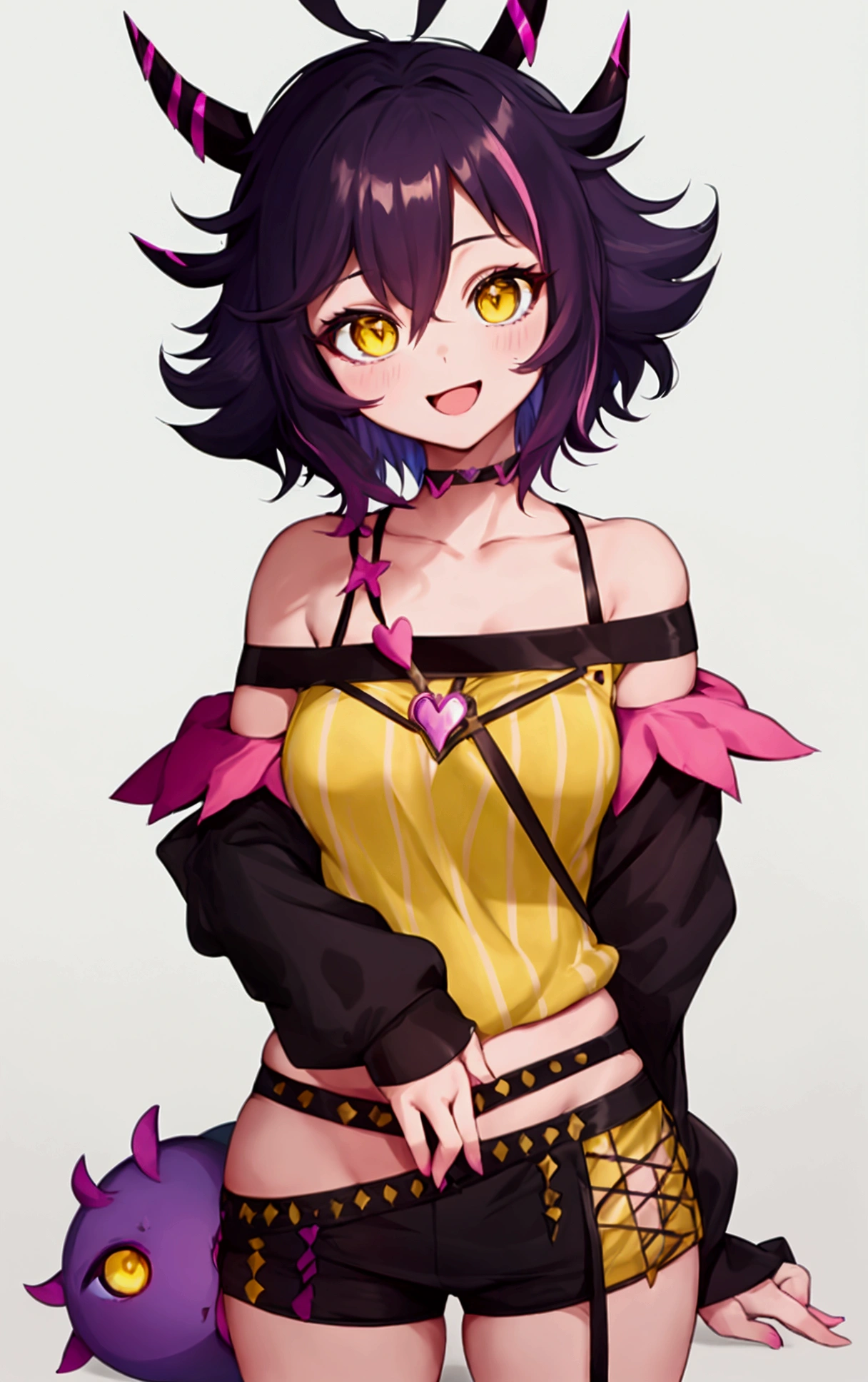 mina ashido, 1girl, solo, looking at viewer, smile, short hair, open mouth, simple background, long sleeves, white background, bare shoulders, collarbone, yellow eyes, pink hair, :d, heart, cowboy shot, horns, shorts, off shoulder, sweater, hand on hip, v, colored skin, black shorts, colored sclera, black sclera, off-shoulder sweater, pink skin, v over eye, purple sweater
