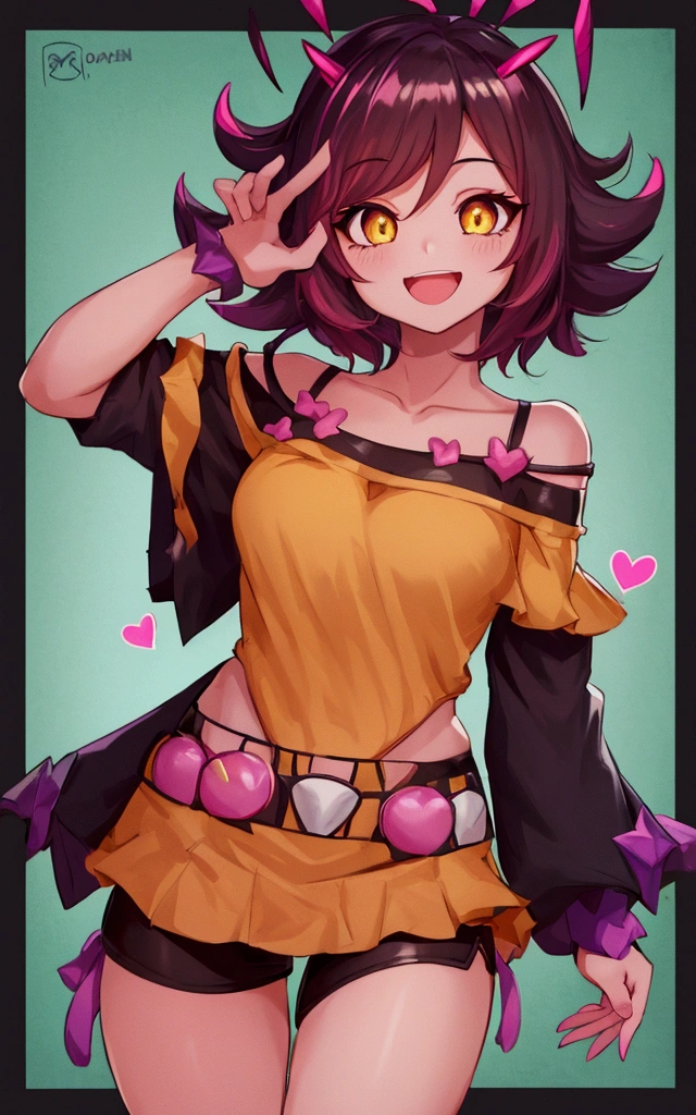 mina ashido, 1girl, solo, looking at viewer, smile, short hair, open mouth, simple background, long sleeves, white background, bare shoulders, collarbone, yellow eyes, pink hair, :d, heart, cowboy shot, horns, shorts, off shoulder, sweater, hand on hip, v, colored skin, black shorts, colored sclera, black sclera, off-shoulder sweater, pink skin, v over eye, purple sweater
