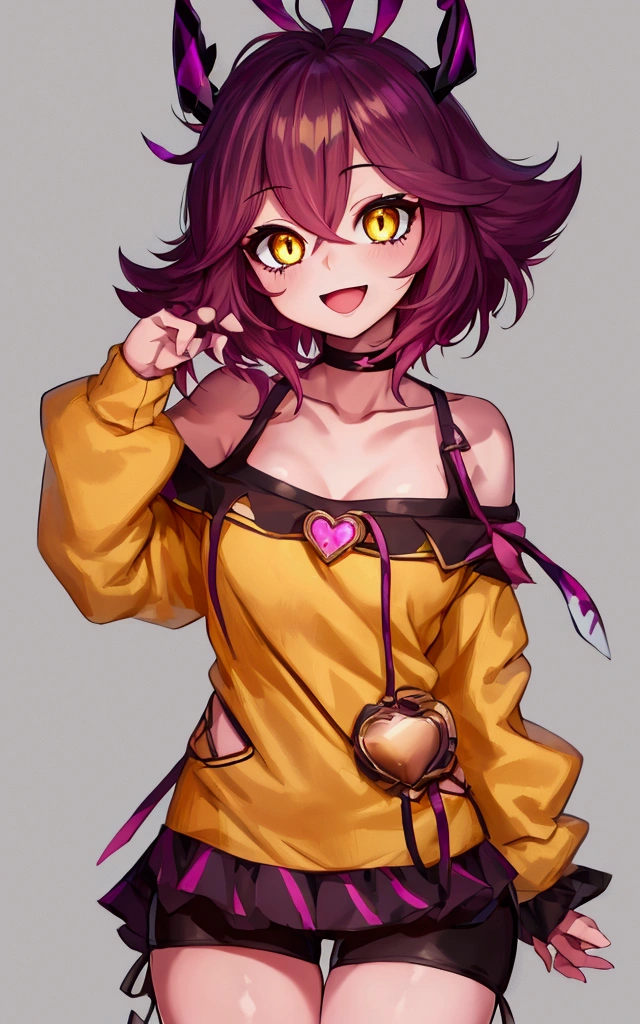 mina ashido, 1girl, solo, looking at viewer, smile, short hair, open mouth, simple background, long sleeves, white background, bare shoulders, collarbone, yellow eyes, pink hair, :d, heart, cowboy shot, horns, shorts, off shoulder, sweater, hand on hip, v, colored skin, black shorts, colored sclera, black sclera, off-shoulder sweater, pink skin, v over eye, purple sweater