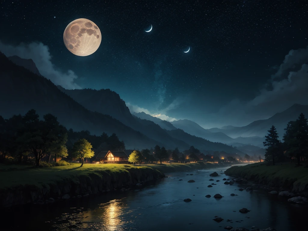 Painting of a river with stars and moon floating in the sky, Concept art inspired by Tosa Mitsuoki, pixiv Contest Winner, Highest quality, Fantasy art, Beautiful anime scene, Golden Moon. Bright Moon, Starry Sky environment under the moonlight, Dream painting, Anime Background art, Fantasy Landscape Painting, A dreamlike night, Anime Background, Background artwork, Dreamy Art, Atmospheric anime, Starry Sky, Detail enhancement.