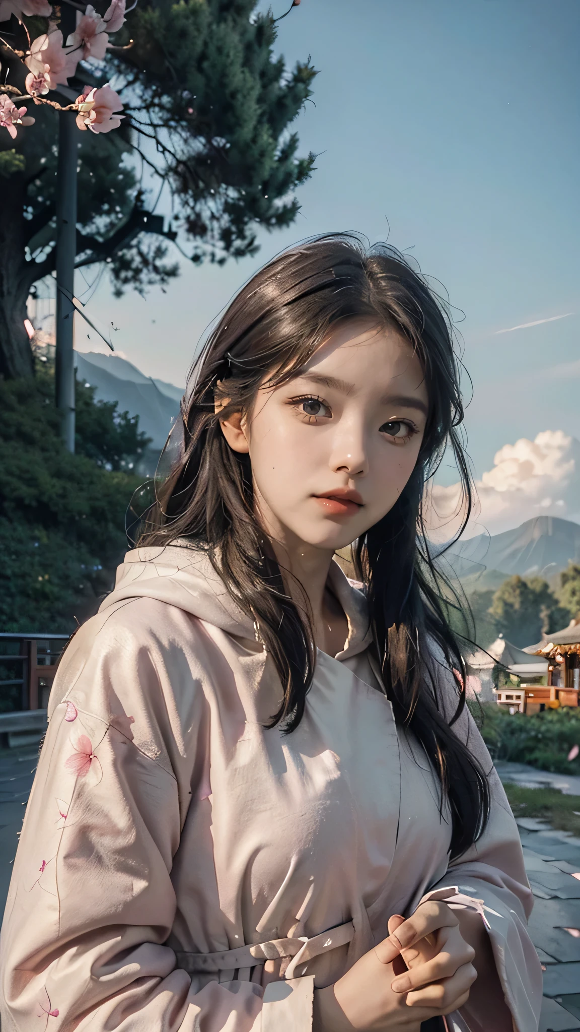 (best quality, masterpiece),(1girl, miko, coat, expression face, black eyes, looking at front ,black hair, walking, upper body), (night strray sky, huge old tree behind, falling glowing pink petals behind, shrine behind, mountain background, blowing wind, meteoric cloud)