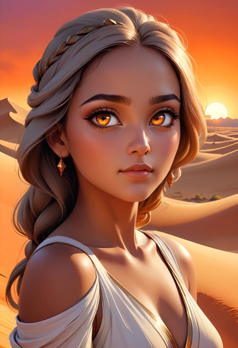 a beautiful desert princess, 1girl, detailed face, mesmerizing eyes, long eyelashes, elegant facial features, flowing white dress, desert landscape, golden sand dunes, orange sunset sky, warm lighting, cinematic composition, fantasy art, digital painting, (best quality,4k,8k,highres,masterpiece:1.2),ultra-detailed,(realistic,photorealistic,photo-realistic:1.37)