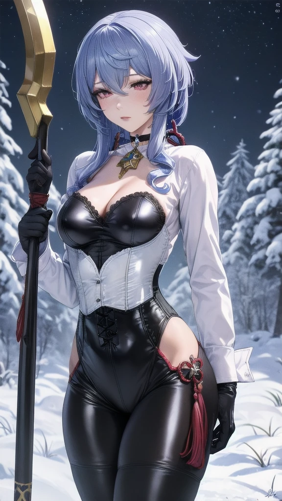 Masterpiece, Beautiful art, professional artist, 8k, sleeping expression, very detailed face, Detailed clothing, detailed fabric, 1 girl, Hiring, (genshin impact), View from the front, standing, perfectly drawn body, pale skin, shy expression, beautiful face, agregar cuernos de Hiring en la cabeza, Long sky blue hair, 4k eyes, very detailed eyes, pink cheeks, choker:1.6, (white long sleeve button down shirt with white collar), black gloves, gloves that cover hands, (holds an ax with his right hand), (black leather corset), (shiny black leggings), Sensual Lips, show details in the eyes, snowy dark forest, at night, starry night sky