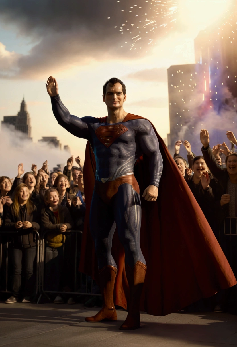 superman standing signing autographs by crowd waving at people cheering for him,in superhero pose cape flapping