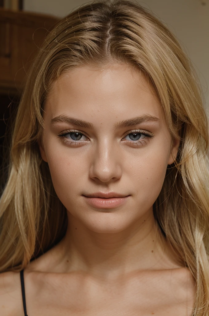 Photo of a 20 year old blonde woman, European, who has a very natural face, She's wearing a red dress in a square