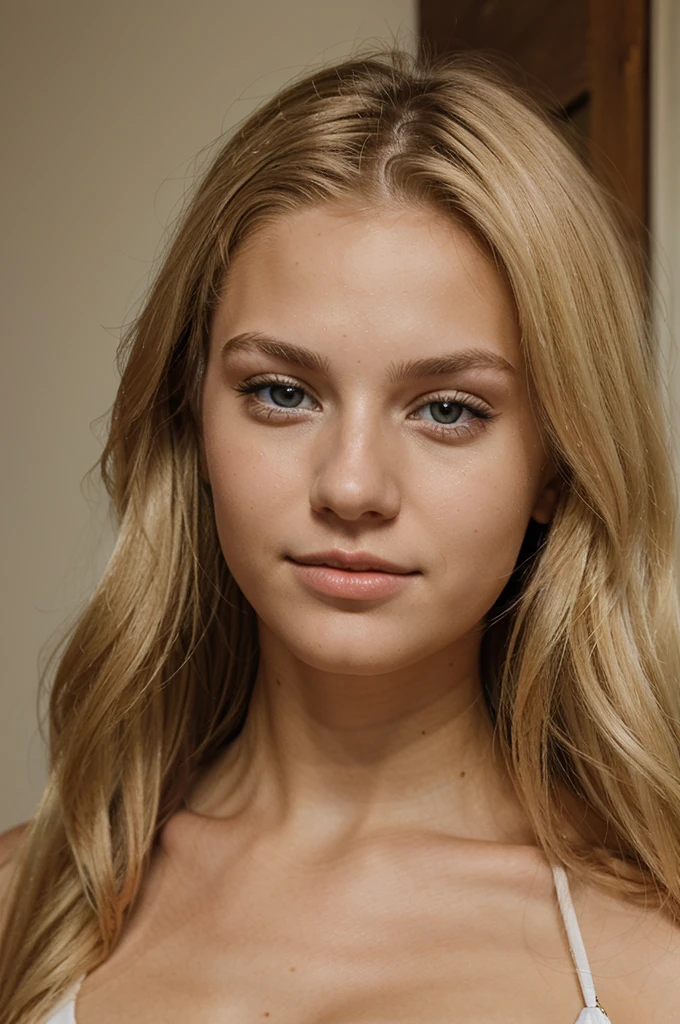Photo of a 20 year old blonde woman, European, who has a very natural face, She's wearing a red dress in a square