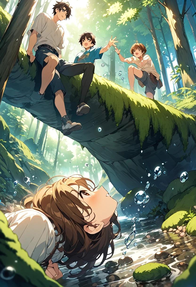 (masterpiece、Highest quality、Highest quality、Official Art、Beautiful, beautiful:1.2)、(1 Girl:1.3)1 Boy,stream,Moss,small pebbles,forest,Short trousers,,Happy,water,bubble,water田, anime, One boy, Handa Shinichi, Brown Hair, Brown eyes, stop temporarily,Composition looking up from below、please sit down