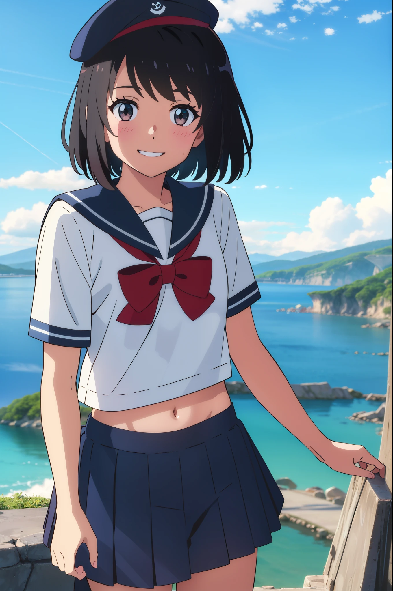 shinkai makoto, kimi no na wa., 1girl, bangs, black hair, blush, expressive eyes, brown eyes, perfect face, looking at the viewer, sailor uniform, sailor's hat, exposed navel, white shirt, short sleeves, blue skirt, short hair, solo, outdoors, shinny skin, smile, cute, grin, cloudy, blue sky, mountains, rocks, standing, (masterpiece), best quality
