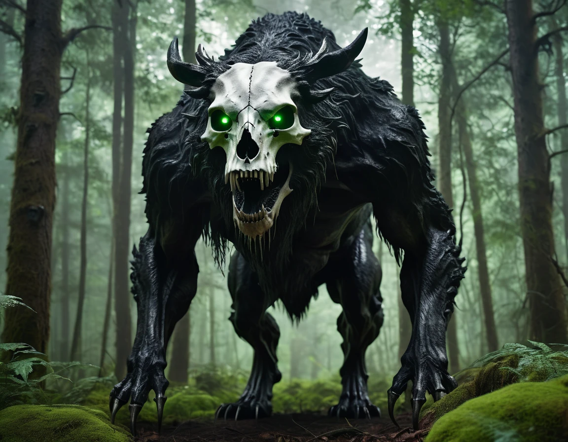 full body portrait of scary big black beast, very tall, four legged, scary skull head, bone, bear skull face, [deer | tiger | wolf | wendigo | bear], hybrid beast with beryl green eyes dark mysterious forest scenery, fantasy, dark fantasy, full body, cinematic, render, 8k, unreal engine, realistic, masterpiece, high detail, full body, low life, volumetric lighting 