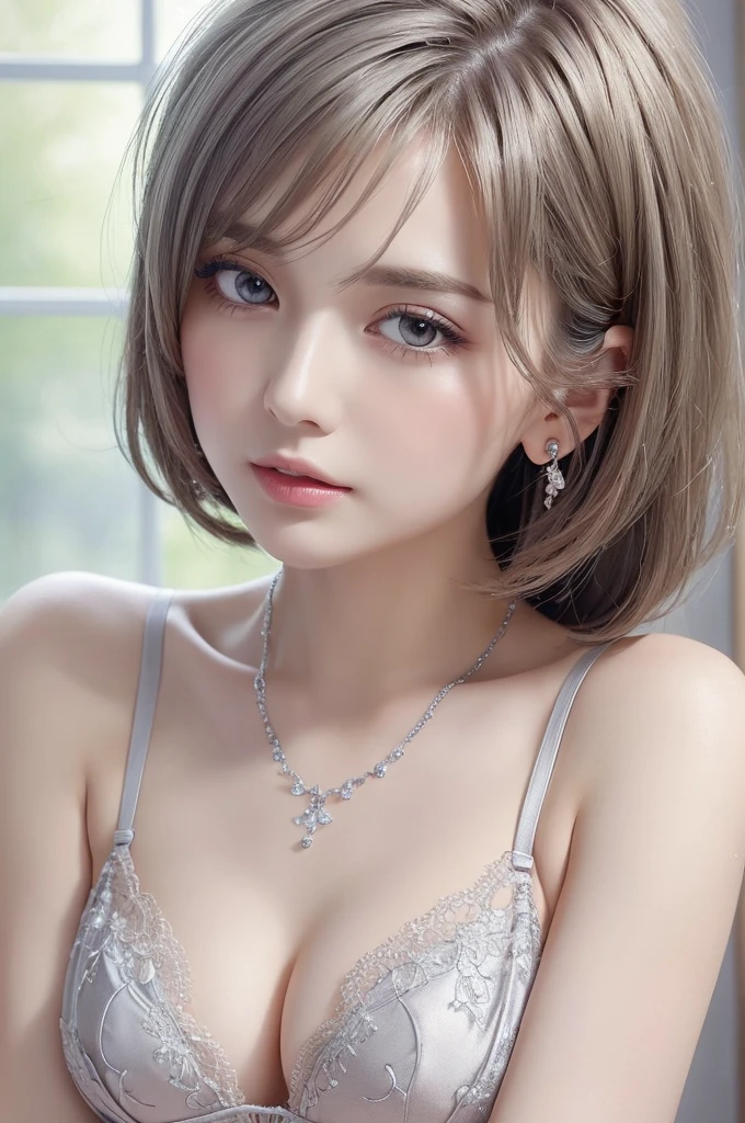 Silver lace thong bra, (((Very elegant and beautiful, Perfect detail, Very detailed))), whole body, The most detailed girl, Written boundary depth, 美しく詳細なwhole body, Thin legs, 1 Girl, 30 years old, Very short hair, Spiked Hair, Gray and silver hair, Beautiful detailed hair, Perfect Face, Expressionless, Beautiful, detailed, deep eyes, Please open your mouth a little, Delicate arms and hands, Pale skin, Earrings, Beautiful and gorgeous necklace, Colorful background, HD background, Blurred Background, Very delicate and beautiful, masterpiece, (((Highest quality, Very beautiful 8K CG wallpaper))), (((Trendy hairstyles))), (Inside the room,Stylish interior,window),