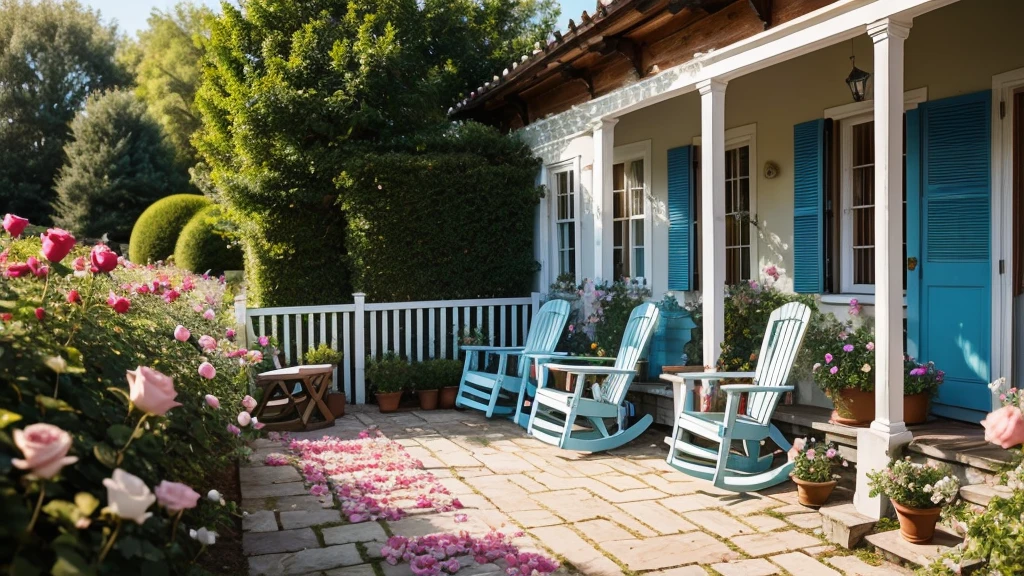 a rose garden, of different colors, vermelhas, yellow, white, in a beautiful landscape with a very cozy old house with a porch with chairs, made of wood with light blue paint, with beautiful rays of sunlight in the late afternoon