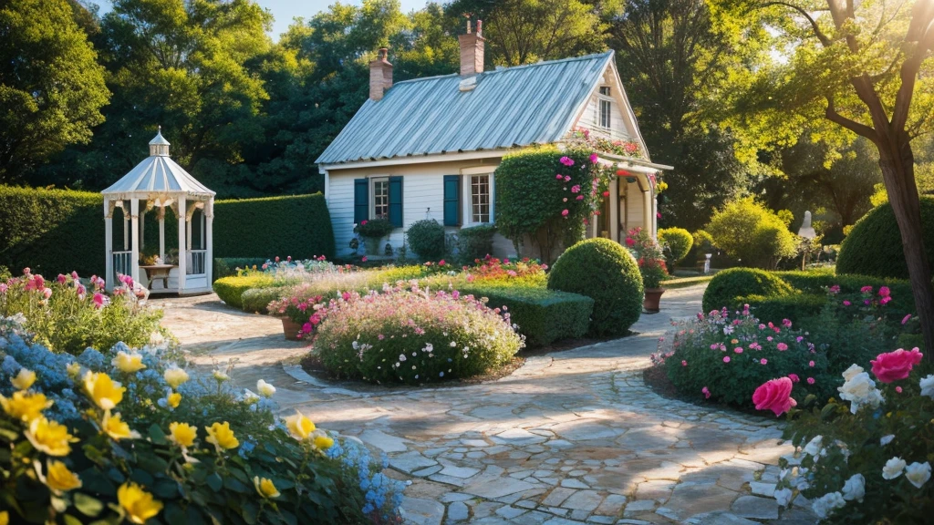a rose garden, of different colors, vermelhas, yellow, white, in a beautiful landscape with a very cozy old house with a porch with chairs, made of wood with light blue paint, with beautiful rays of sunlight in the late afternoon
