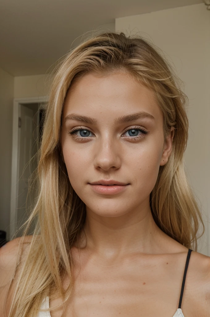 Photo of a 20 year old blonde woman, European, who has a very natural face, She's wearing a red dress in a square