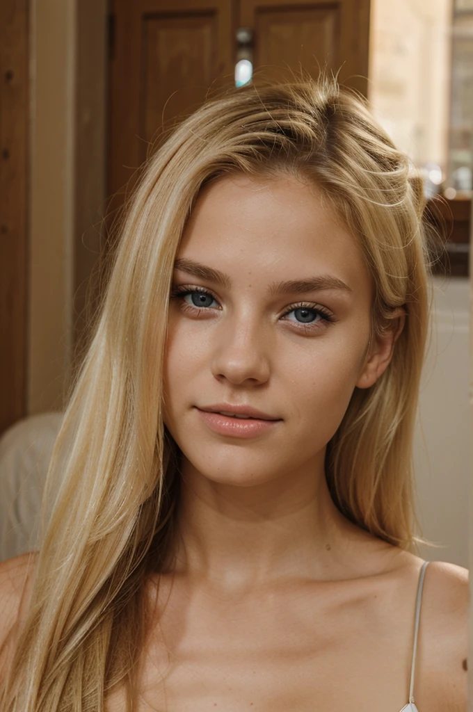 Photo of a 20 year old blonde woman, European, who has a very natural face, She's wearing a red dress in a square