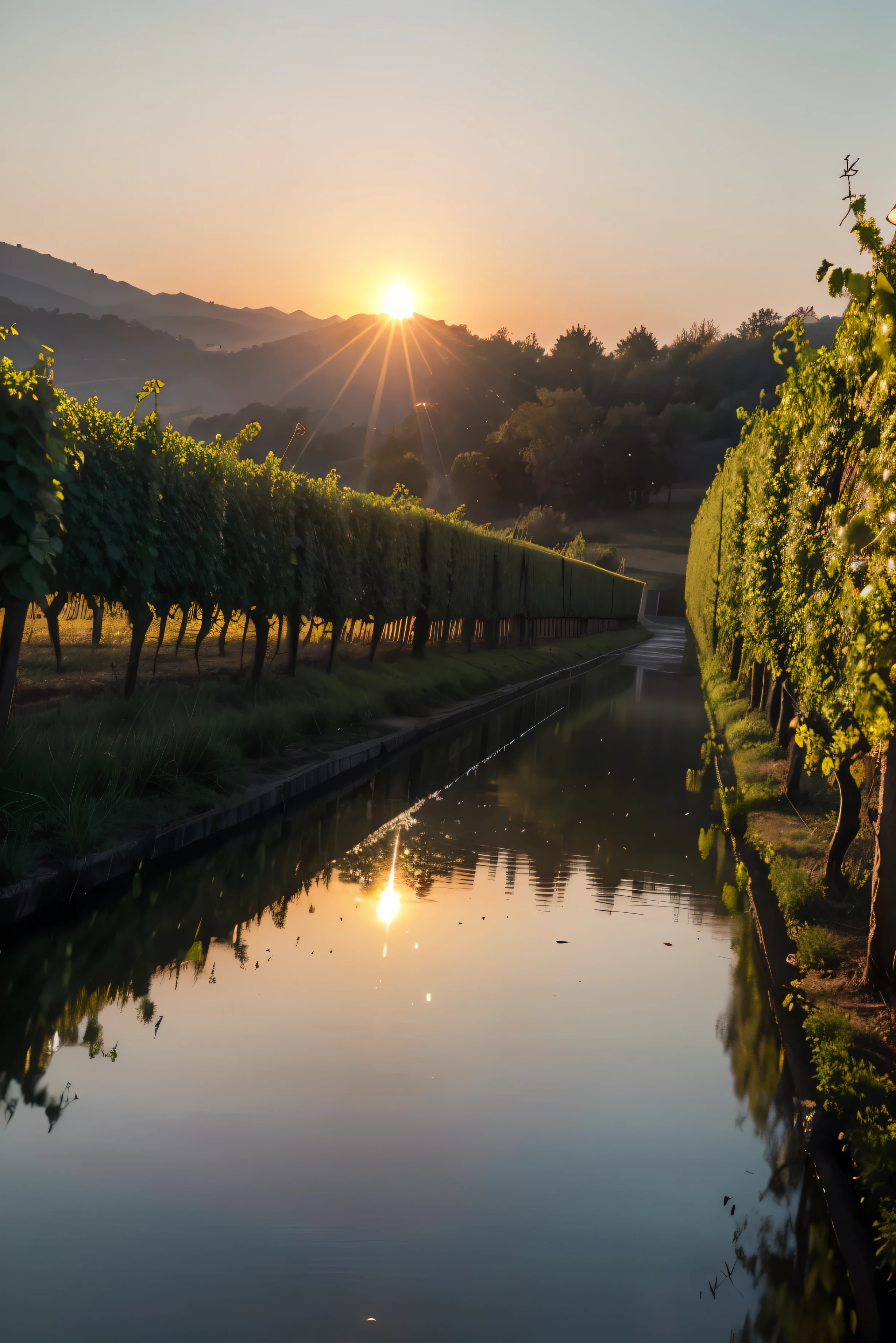 A vineyard in Italy, with a red sun in the background, reflecting in water droplets as if it were a fine mist across the vineyard, vivid colors