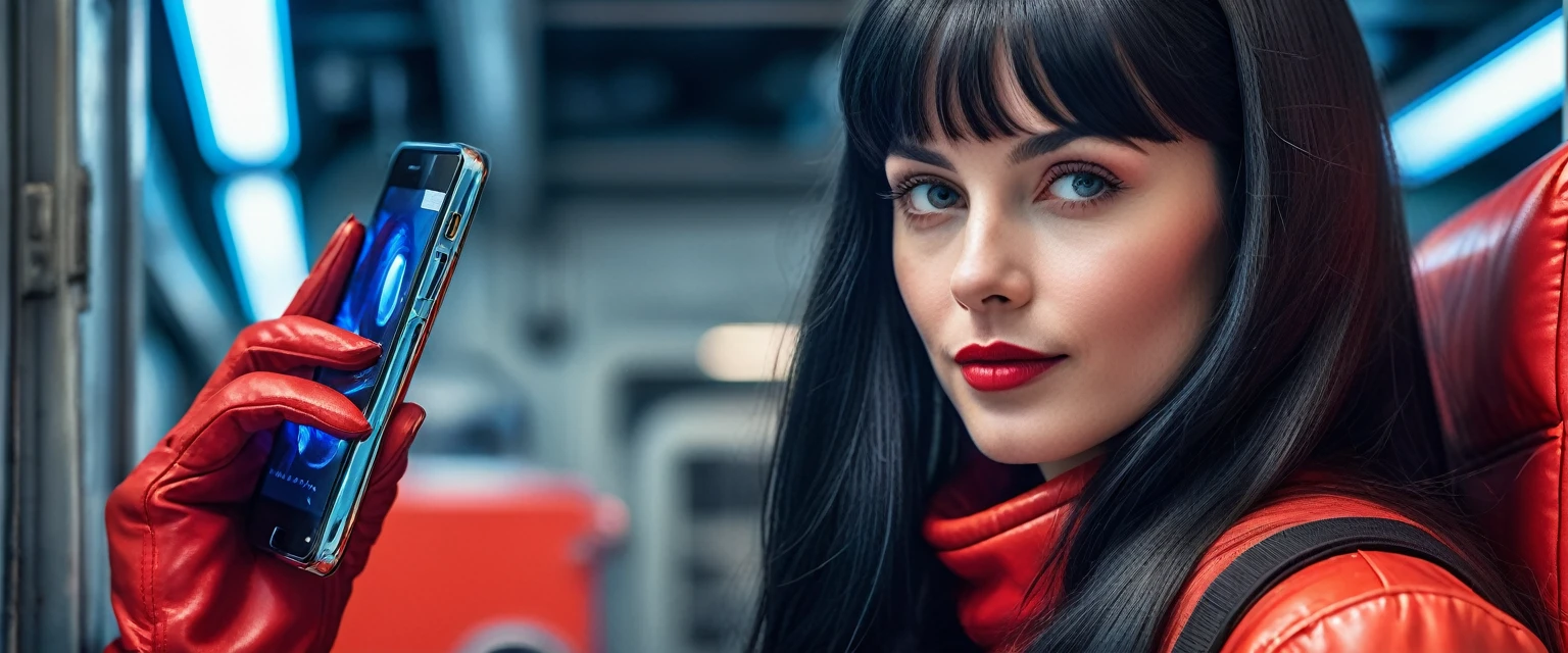 High-quality realistic acrylic art, vivid colors, lateral point of view, a beautiful vintage european woman with long black straight hair, bangs, looking at the viewer with suspicious face and a shy smile, she wears red space suit, gloves, holding a sophisticated cell phone, soft blue lights, background exterior of space militar facilty