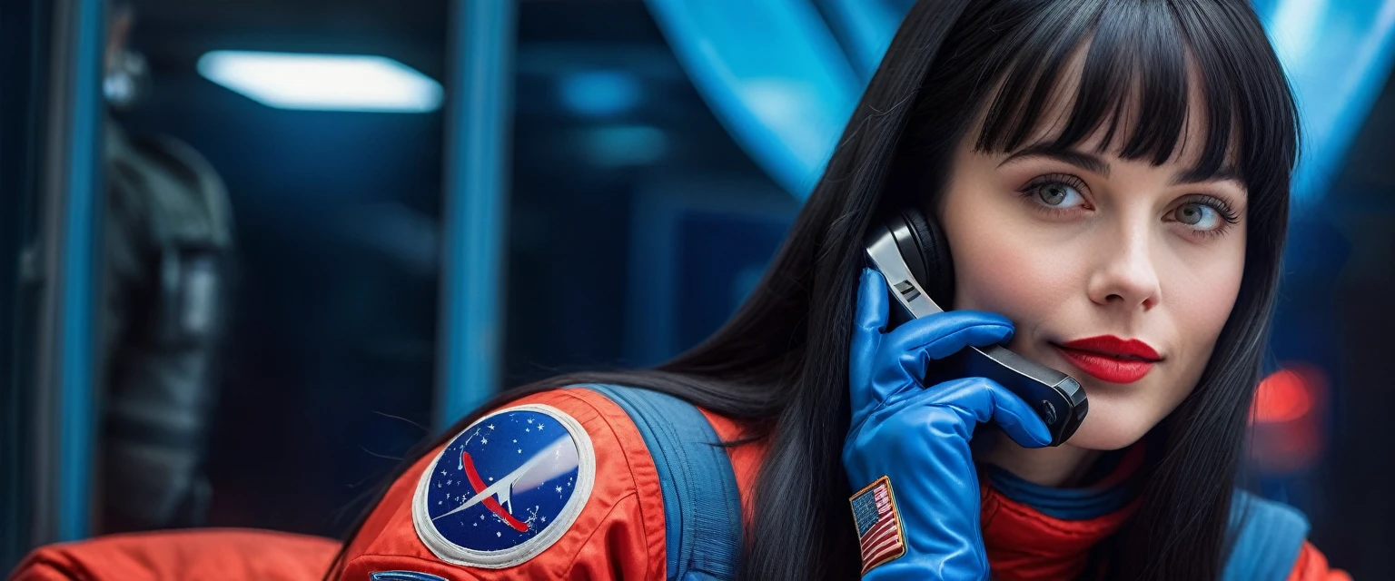 High-quality realistic acrylic art, vivid colors, lateral point of view, a beautiful vintage european woman with long black straight hair, bangs, looking at the viewer with suspicious face and a shy smile, she wears red space suit, gloves, holding a sophisticated cell phone, soft blue lights, background exterior of space militar facilty